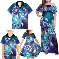 Aloha Hawaii Turtle Family Matching Off Shoulder Maxi Dress and Hawaiian Shirt Teal Purple Ribbon LT7 - Polynesian Pride