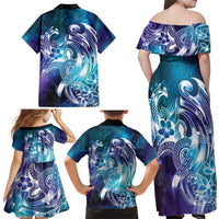 Aloha Hawaii Turtle Family Matching Off Shoulder Maxi Dress and Hawaiian Shirt Teal Purple Ribbon LT7 - Polynesian Pride