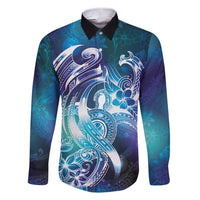 Aloha Hawaii Turtle Family Matching Short Sleeve Bodycon Dress and Hawaiian Shirt Teal Purple Ribbon LT7 Dad's Shirt - Long Sleeve Purple Teal - Polynesian Pride