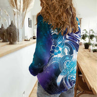 Aloha Hawaii Turtle Women Casual Shirt Teal Purple Ribbon - Polynesian Pride