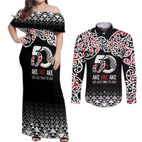 Kia Kaha Te Reo Maori Couples Matching Off Shoulder Maxi Dress and Long Sleeve Button Shirt 50 Years Mo Ake Tonu Te Reo LT7 Black - Polynesian Pride