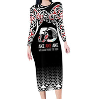 Kia Kaha Te Reo Maori Long Sleeve Bodycon Dress 50 Years Mo Ake Tonu Te Reo LT7 Long Dress Black - Polynesian Pride