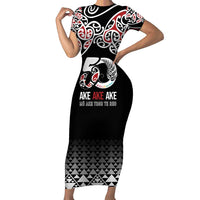 Kia Kaha Te Reo Maori Short Sleeve Bodycon Dress 50 Years Mo Ake Tonu Te Reo LT7 Long Dress Black - Polynesian Pride