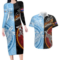 Personalised Fiji and Australia Couples Matching Long Sleeve Bodycon Dress and Hawaiian Shirt Masi Patterns Mix Aboriginal Art LT7 Colorful - Polynesian Pride