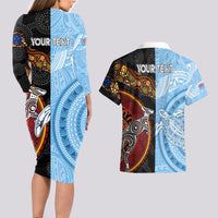 Personalised Fiji and Australia Couples Matching Long Sleeve Bodycon Dress and Hawaiian Shirt Masi Patterns Mix Aboriginal Art LT7 - Polynesian Pride