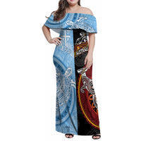 Personalised Fiji and Australia Family Matching Off Shoulder Maxi Dress and Hawaiian Shirt Masi Patterns Mix Aboriginal Art LT7 Mom's Dress Colorful - Polynesian Pride