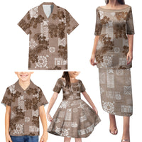 Vintage Hawaii Family Matching Puletasi Dress and Hawaiian Shirt Hibiscus Mix Hawaiian Quilt Patches - Brown LT7 - Polynesian Pride