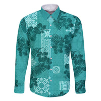 Vintage Hawaii Family Matching Off Shoulder Long Sleeve Dress and Hawaiian Shirt Hibiscus Mix Hawaiian Quilt Patches - Teal LT7 Dad's Shirt - Long Sleeve Teal - Polynesian Pride