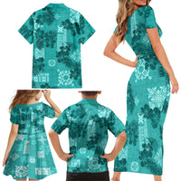 Vintage Hawaii Family Matching Short Sleeve Bodycon Dress and Hawaiian Shirt Hibiscus Mix Hawaiian Quilt Patches - Teal LT7 - Polynesian Pride