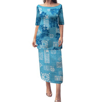Hawaii Tapa Family Matching Puletasi Dress and Hawaiian Shirt Hibiscus Mix Hawaiian Quilt Patches - Blue LT7 Mom's Dress Blue - Polynesian Pride