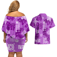Hawaii Tapa Couples Matching Off Shoulder Short Dress and Hawaiian Shirt Hibiscus Mix Hawaiian Quilt Patches - Violet LT7 - Polynesian Pride