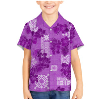 Hawaii Tapa Family Matching Mermaid Dress and Hawaiian Shirt Hibiscus Mix Hawaiian Quilt Patches - Violet LT7 Son's Shirt Violet - Polynesian Pride