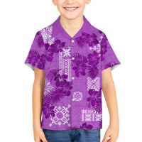 Hawaii Tapa Family Matching Short Sleeve Bodycon Dress and Hawaiian Shirt Hibiscus Mix Hawaiian Quilt Patches - Violet LT7 Son's Shirt Violet - Polynesian Pride
