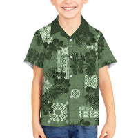 Hawaii Tapa Family Matching Off Shoulder Maxi Dress and Hawaiian Shirt Hibiscus Mix Hawaiian Quilt Patches - Sage Green LT7 Son's Shirt Sage Green - Polynesian Pride