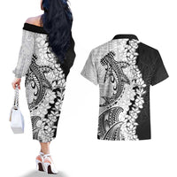 Polynesian Plumeria Lei Couples Matching Off The Shoulder Long Sleeve Dress and Hawaiian Shirt with Hammerhead Shark LT7 - Polynesian Pride