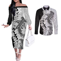 Polynesian Plumeria Lei Couples Matching Off The Shoulder Long Sleeve Dress and Long Sleeve Button Shirt with Hammerhead Shark LT7 Black - Polynesian Pride