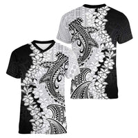 Polynesian Plumeria Lei Women V-Neck T-Shirt with Hammerhead Shark