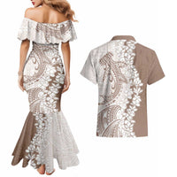 Polynesian Beige Plumeria Lei Couples Matching Mermaid Dress and Hawaiian Shirt with Hammerhead Shark LT7 - Polynesian Pride