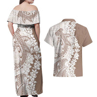 Polynesian Beige Plumeria Lei Couples Matching Off Shoulder Maxi Dress and Hawaiian Shirt with Hammerhead Shark LT7 - Polynesian Pride