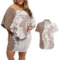 Polynesian Beige Plumeria Lei Couples Matching Off Shoulder Short Dress and Hawaiian Shirt with Hammerhead Shark LT7 Beige - Polynesian Pride