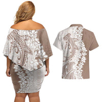 Polynesian Beige Plumeria Lei Couples Matching Off Shoulder Short Dress and Hawaiian Shirt with Hammerhead Shark LT7 - Polynesian Pride