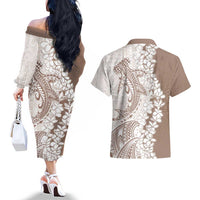 Polynesian Beige Plumeria Lei Couples Matching Off The Shoulder Long Sleeve Dress and Hawaiian Shirt with Hammerhead Shark LT7 - Polynesian Pride