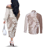 Polynesian Beige Plumeria Lei Couples Matching Off The Shoulder Long Sleeve Dress and Long Sleeve Button Shirt with Hammerhead Shark LT7 - Polynesian Pride