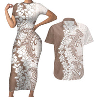 Polynesian Beige Plumeria Lei Couples Matching Short Sleeve Bodycon Dress and Hawaiian Shirt with Hammerhead Shark LT7 Beige - Polynesian Pride