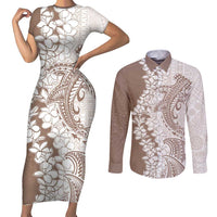 Polynesian Beige Plumeria Lei Couples Matching Short Sleeve Bodycon Dress and Long Sleeve Button Shirt with Hammerhead Shark LT7 Beige - Polynesian Pride