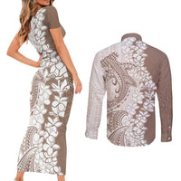 Polynesian Beige Plumeria Lei Couples Matching Short Sleeve Bodycon Dress and Long Sleeve Button Shirt with Hammerhead Shark LT7 - Polynesian Pride