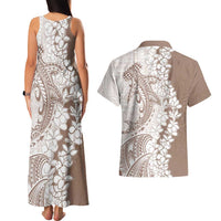 Polynesian Beige Plumeria Lei Couples Matching Tank Maxi Dress and Hawaiian Shirt with Hammerhead Shark LT7 - Polynesian Pride