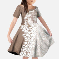Polynesian Beige Plumeria Lei Family Matching Long Sleeve Bodycon Dress and Hawaiian Shirt with Hammerhead Shark LT7 Daughter's Dress Beige - Polynesian Pride