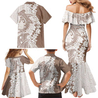 Polynesian Beige Plumeria Lei Family Matching Mermaid Dress and Hawaiian Shirt with Hammerhead Shark