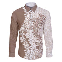 Polynesian Beige Plumeria Lei Family Matching Off Shoulder Maxi Dress and Hawaiian Shirt with Hammerhead Shark LT7 Dad's Shirt - Long Sleeve Beige - Polynesian Pride