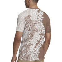 Polynesian Beige Plumeria Lei Rugby Jersey with Hammerhead Shark