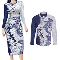 Polynesian Navy Blue Plumeria Lei Couples Matching Long Sleeve Bodycon Dress and Long Sleeve Button Shirt with Hammerhead Shark LT7 Navy Blue - Polynesian Pride