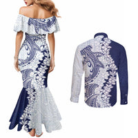 Polynesian Navy Blue Plumeria Lei Couples Matching Mermaid Dress and Long Sleeve Button Shirt with Hammerhead Shark LT7 - Polynesian Pride