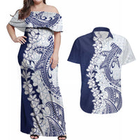 Polynesian Navy Blue Plumeria Lei Couples Matching Off Shoulder Maxi Dress and Hawaiian Shirt with Hammerhead Shark LT7 Navy Blue - Polynesian Pride