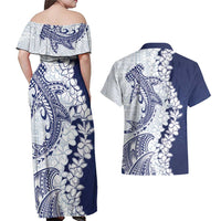 Polynesian Navy Blue Plumeria Lei Couples Matching Off Shoulder Maxi Dress and Hawaiian Shirt with Hammerhead Shark LT7 - Polynesian Pride