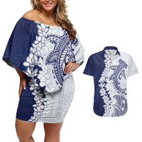 Polynesian Navy Blue Plumeria Lei Couples Matching Off Shoulder Short Dress and Hawaiian Shirt with Hammerhead Shark LT7 Navy Blue - Polynesian Pride