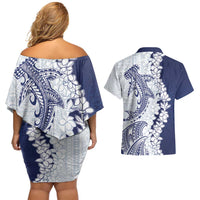 Polynesian Navy Blue Plumeria Lei Couples Matching Off Shoulder Short Dress and Hawaiian Shirt with Hammerhead Shark LT7 - Polynesian Pride