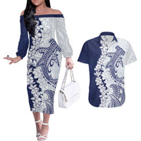 Polynesian Navy Blue Plumeria Lei Couples Matching Off The Shoulder Long Sleeve Dress and Hawaiian Shirt with Hammerhead Shark LT7 Navy Blue - Polynesian Pride