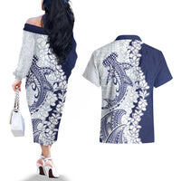 Polynesian Navy Blue Plumeria Lei Couples Matching Off The Shoulder Long Sleeve Dress and Hawaiian Shirt with Hammerhead Shark LT7 - Polynesian Pride