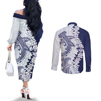 Polynesian Navy Blue Plumeria Lei Couples Matching Off The Shoulder Long Sleeve Dress and Long Sleeve Button Shirt with Hammerhead Shark LT7 - Polynesian Pride