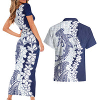 Polynesian Navy Blue Plumeria Lei Couples Matching Short Sleeve Bodycon Dress and Hawaiian Shirt with Hammerhead Shark LT7 - Polynesian Pride