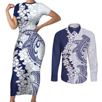 Polynesian Navy Blue Plumeria Lei Couples Matching Short Sleeve Bodycon Dress and Long Sleeve Button Shirt with Hammerhead Shark LT7 Navy Blue - Polynesian Pride