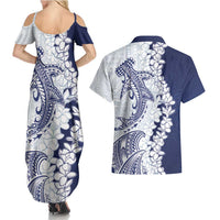 Polynesian Navy Blue Plumeria Lei Couples Matching Summer Maxi Dress and Hawaiian Shirt with Hammerhead Shark LT7 - Polynesian Pride