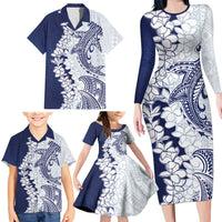 Polynesian Navy Blue Plumeria Lei Family Matching Long Sleeve Bodycon Dress and Hawaiian Shirt with Hammerhead Shark LT7 - Polynesian Pride