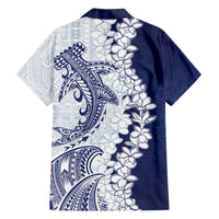 Polynesian Navy Blue Plumeria Lei Family Matching Off The Shoulder Long Sleeve Dress and Hawaiian Shirt with Hammerhead Shark LT7 - Polynesian Pride