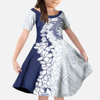 Polynesian Navy Blue Plumeria Lei Family Matching Off Shoulder Maxi Dress and Hawaiian Shirt with Hammerhead Shark LT7 Daughter's Dress Navy Blue - Polynesian Pride